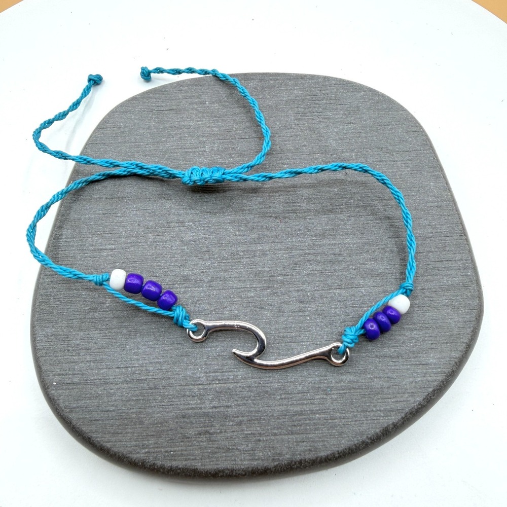 Silver Tone Ocean Wave Charm Blue Cord Purple Bead Adjustable Surfer Bracelet